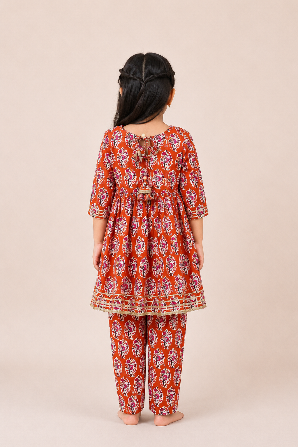 Orange Floral Gota Lace Top with Straight Pants