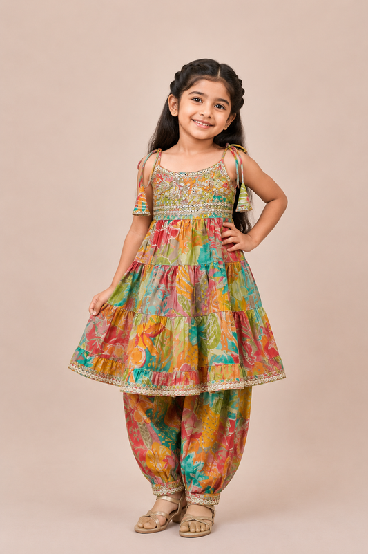 Pastel Floral Tiered Top with Afghan Pants