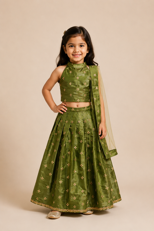 Parrot Green Embroidery Lehenga