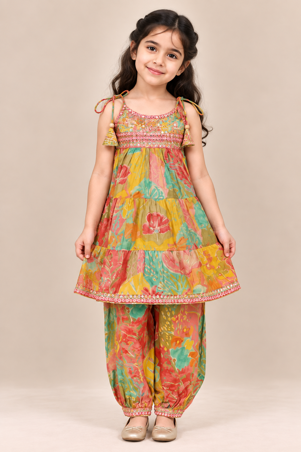 Floral Cotton Candy Tiered Spaghetti Top with Afghan Pants