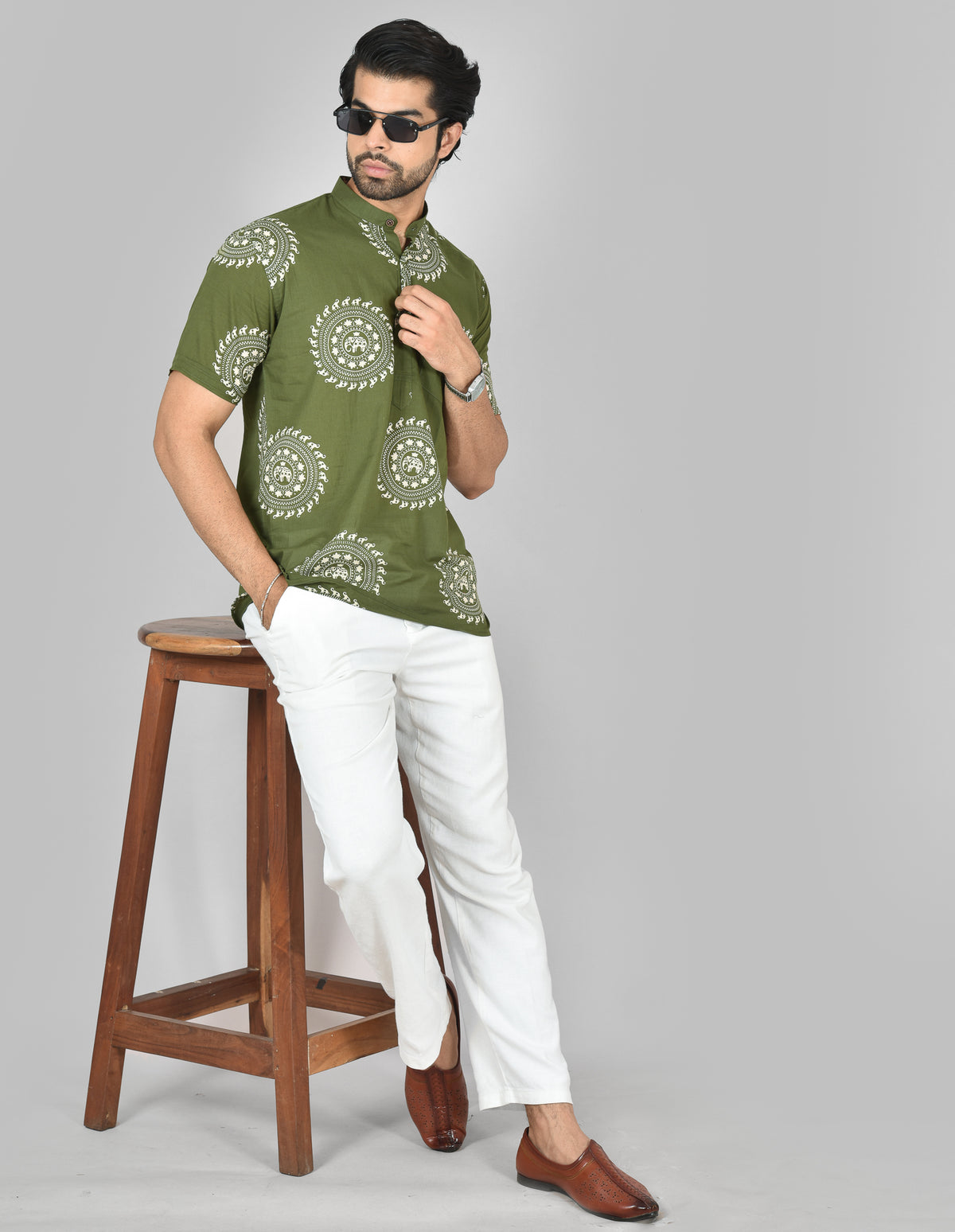Olive Kolam Short Sleeves Kurta