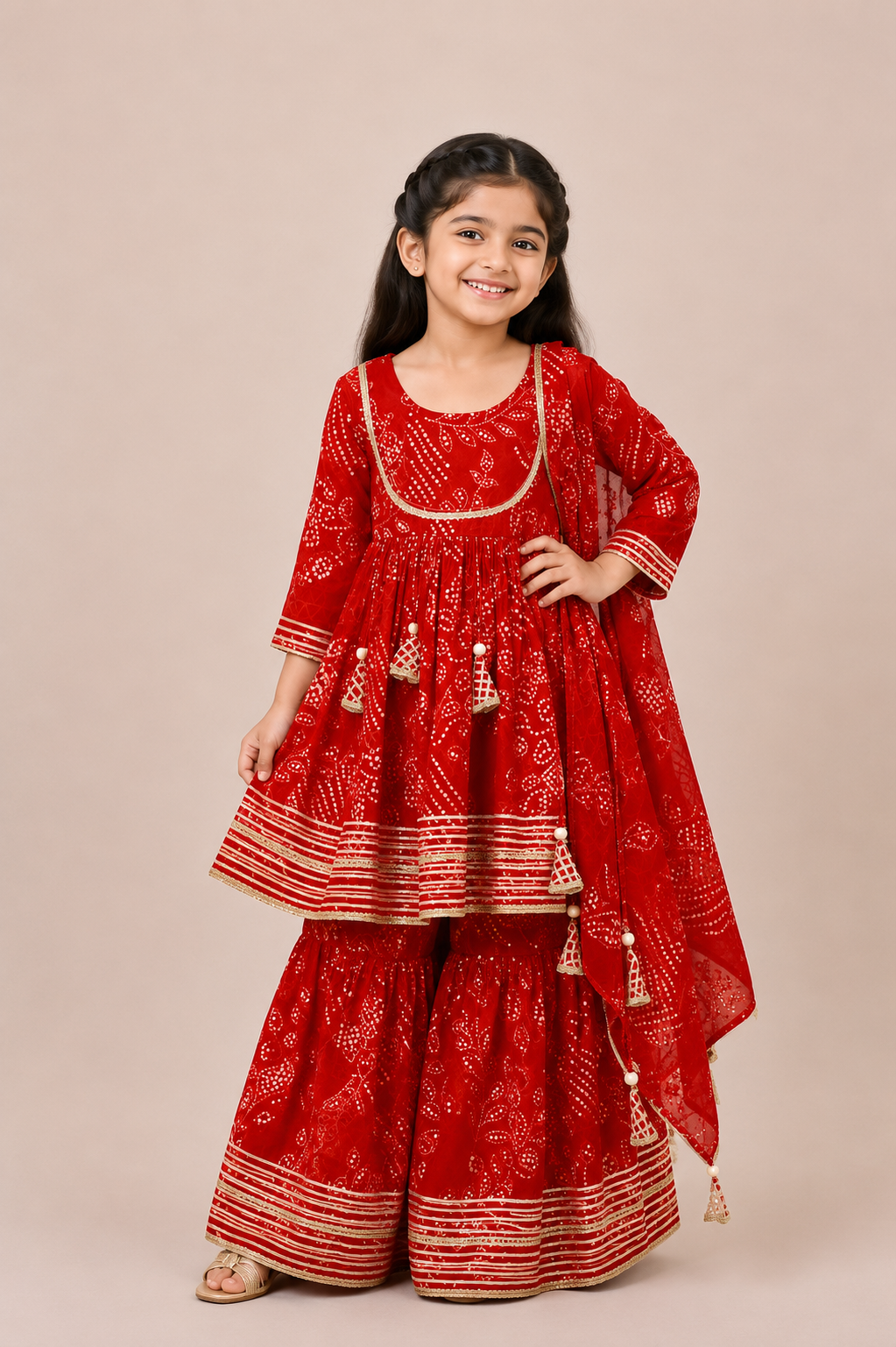 Red Bandhini Printed Muslin spaghetti with Afghan Pants