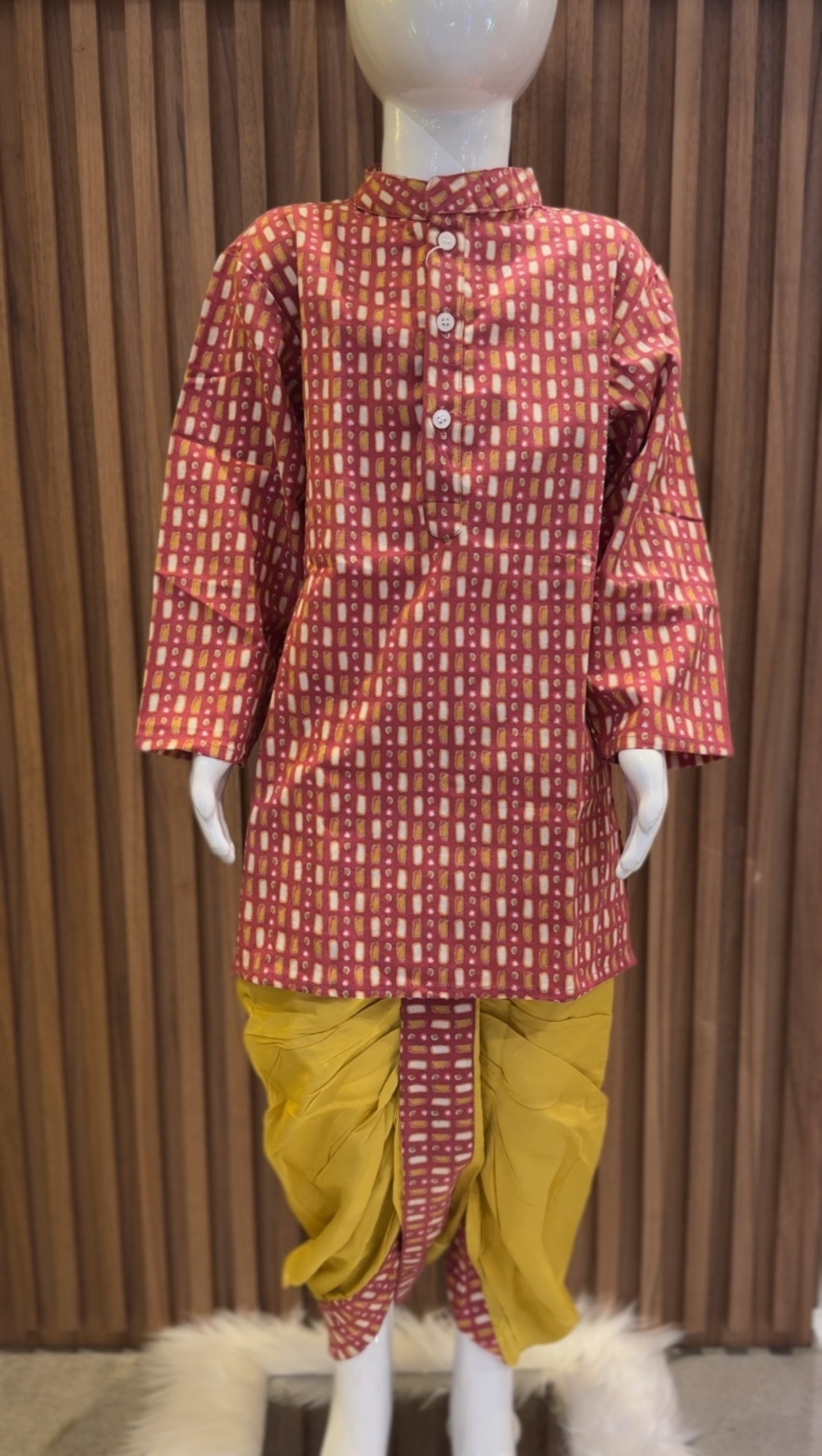 Pink Grid Kurta with Yellow Dhoti