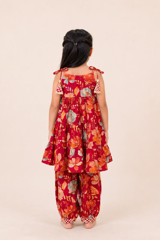 Crimson Floral Tiered Spaghetti Top with Afghan Pants