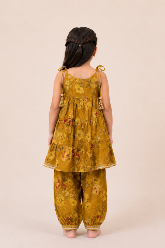 Mustard Floral Tiered Spaghetti Top with Afghan Pants