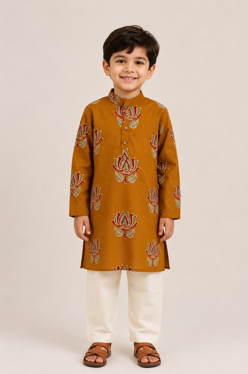 Mustard Lotus Bloom Kurta Set Sibling Combo