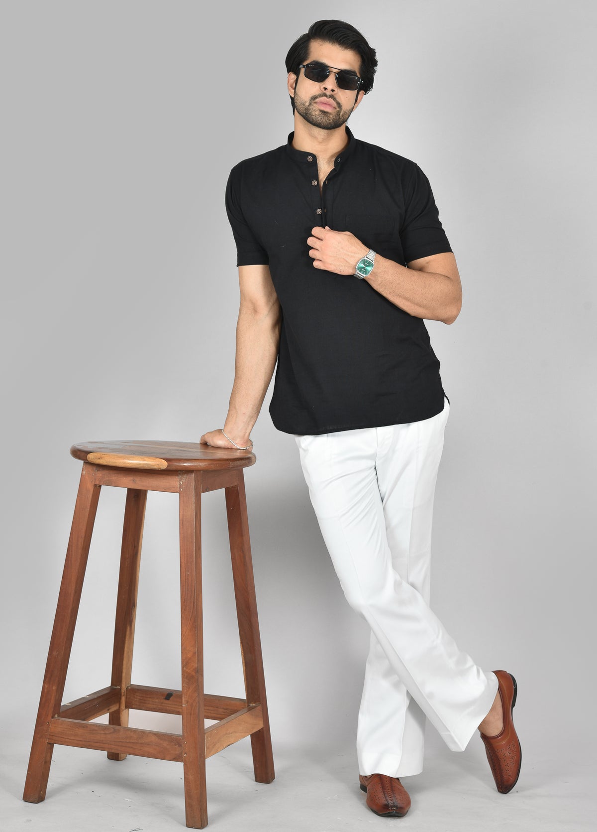 Jet Black Plain Short Sleeves Kurta