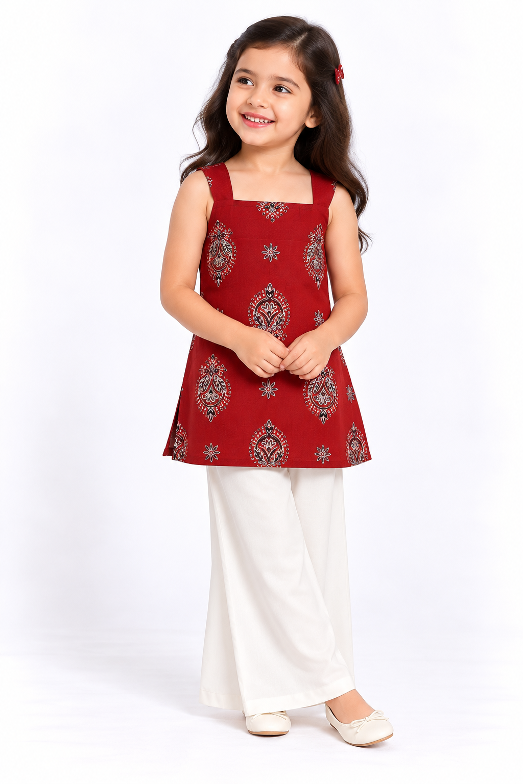 Red Paisley Floral Sexy Back Kurti Set Sibling Combo