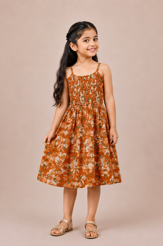 Orange Floral Smocked Dress with Tie-Back Ribbon