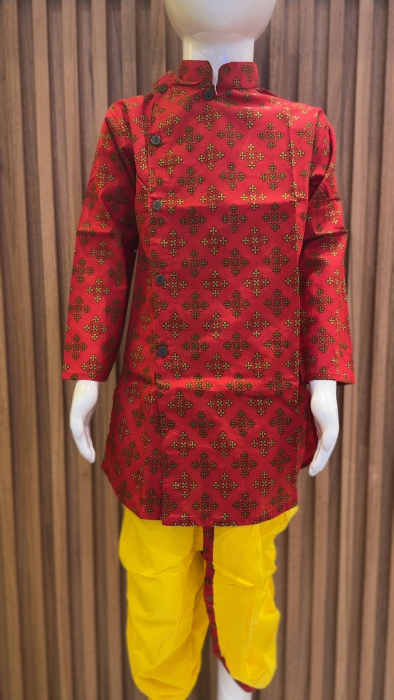 Crimson Floral Geometry Kurta with Yellow Dhoti