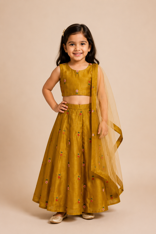 Olive Green Floral Embroidery Lehenga