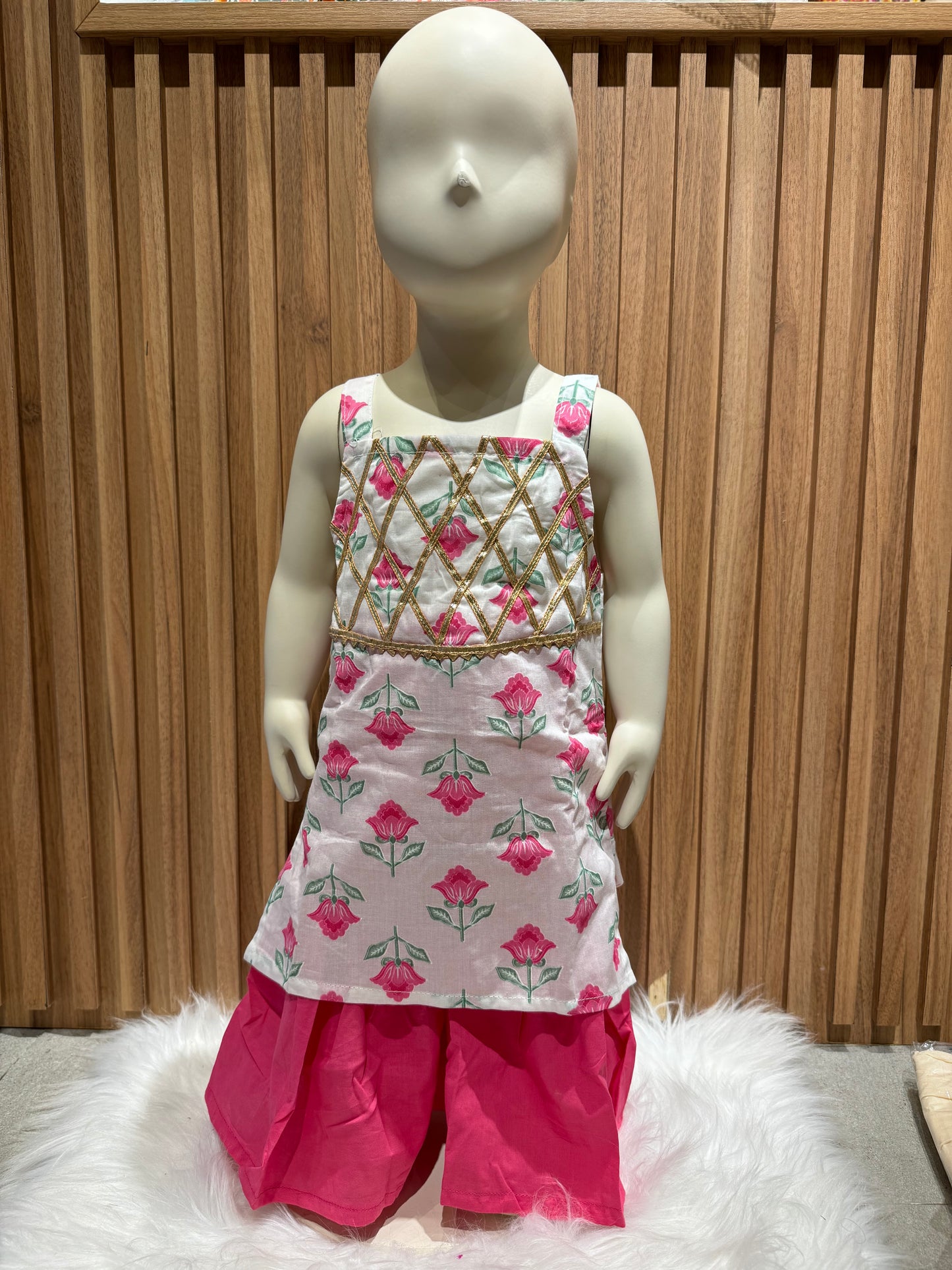 White Floral Top with Pink Sharara Set