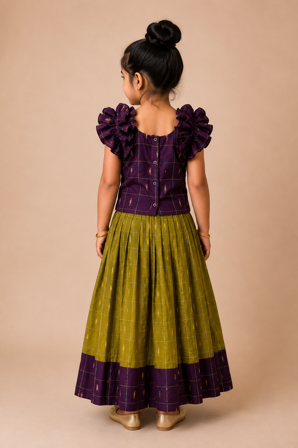 Green Slub Check Cotton Skirt and Purple Ruffle Sleeves Top