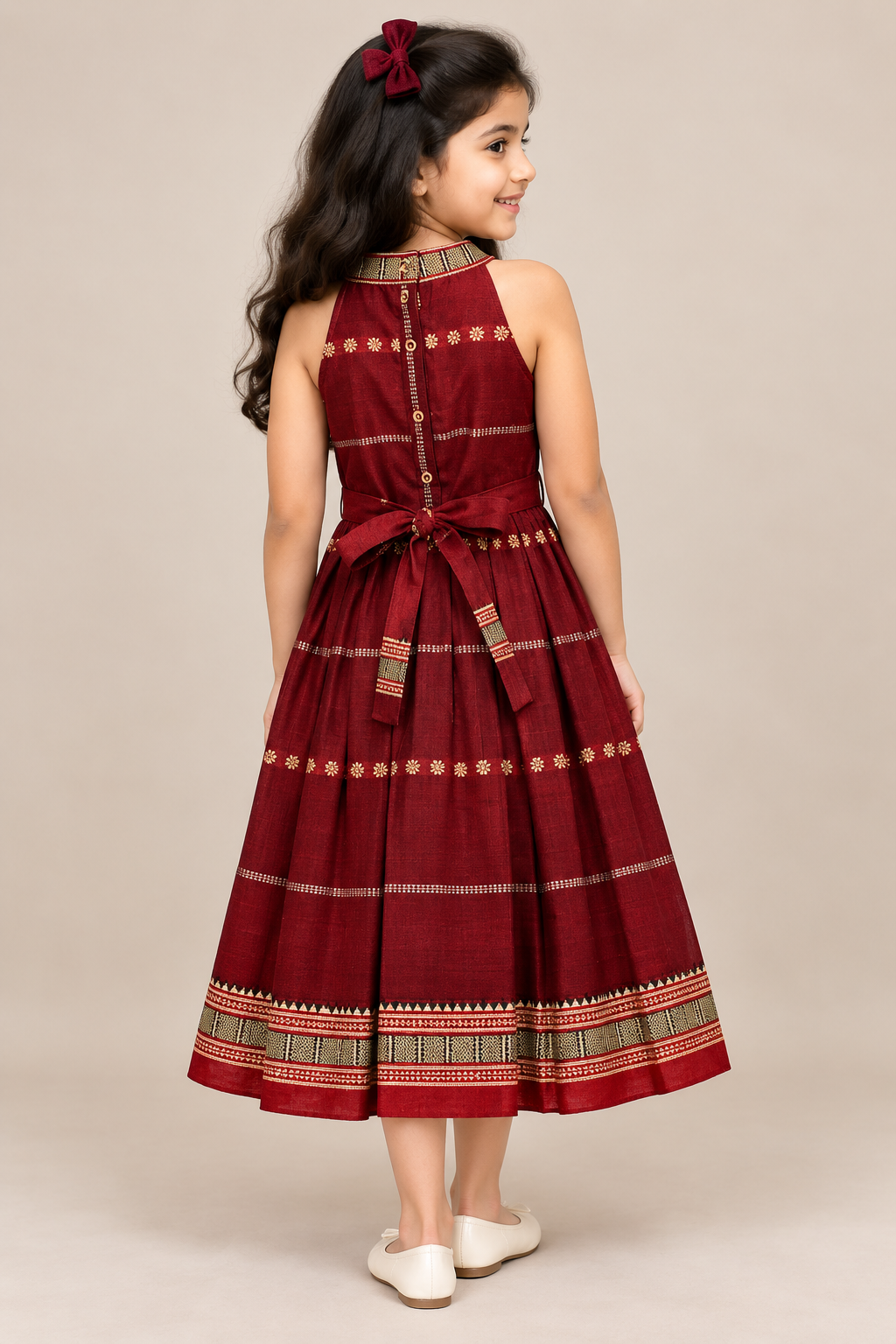 Maroon Temple Boarder High Neck Halter Dress