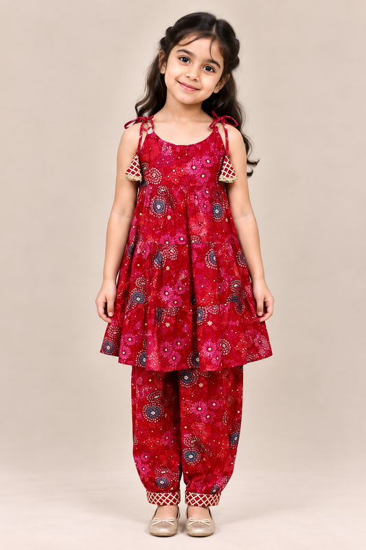 Pink Daisy Tiered Spaghetti Top with Afghan Pants