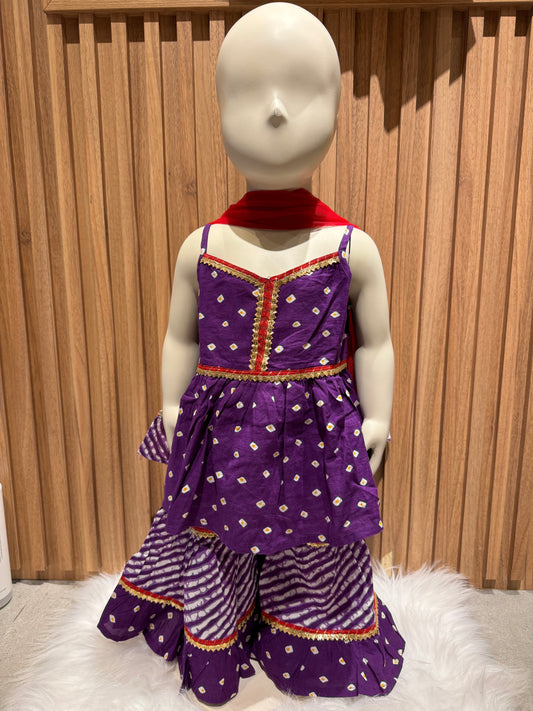 Purple Chanda Bandhini Top Sharara Set