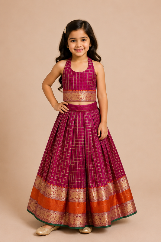 Magenta Checked Top with Elephant Zari Border Skirt