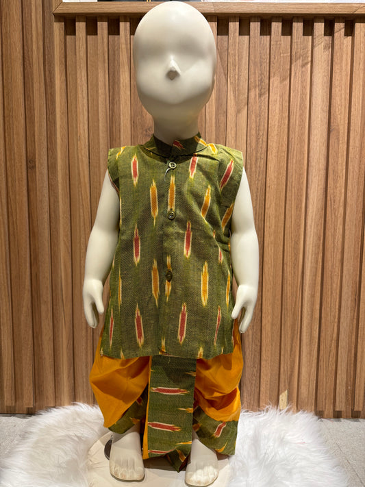 Olive Ikat Kurta with Green Dhoti