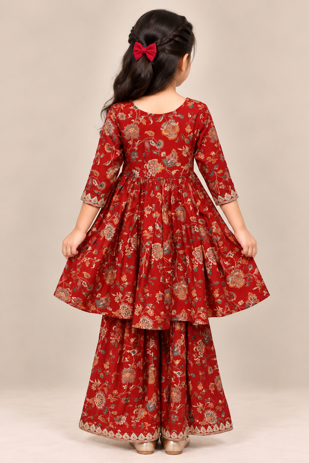 Red Floral Gota Lace Top with Sharara Pants