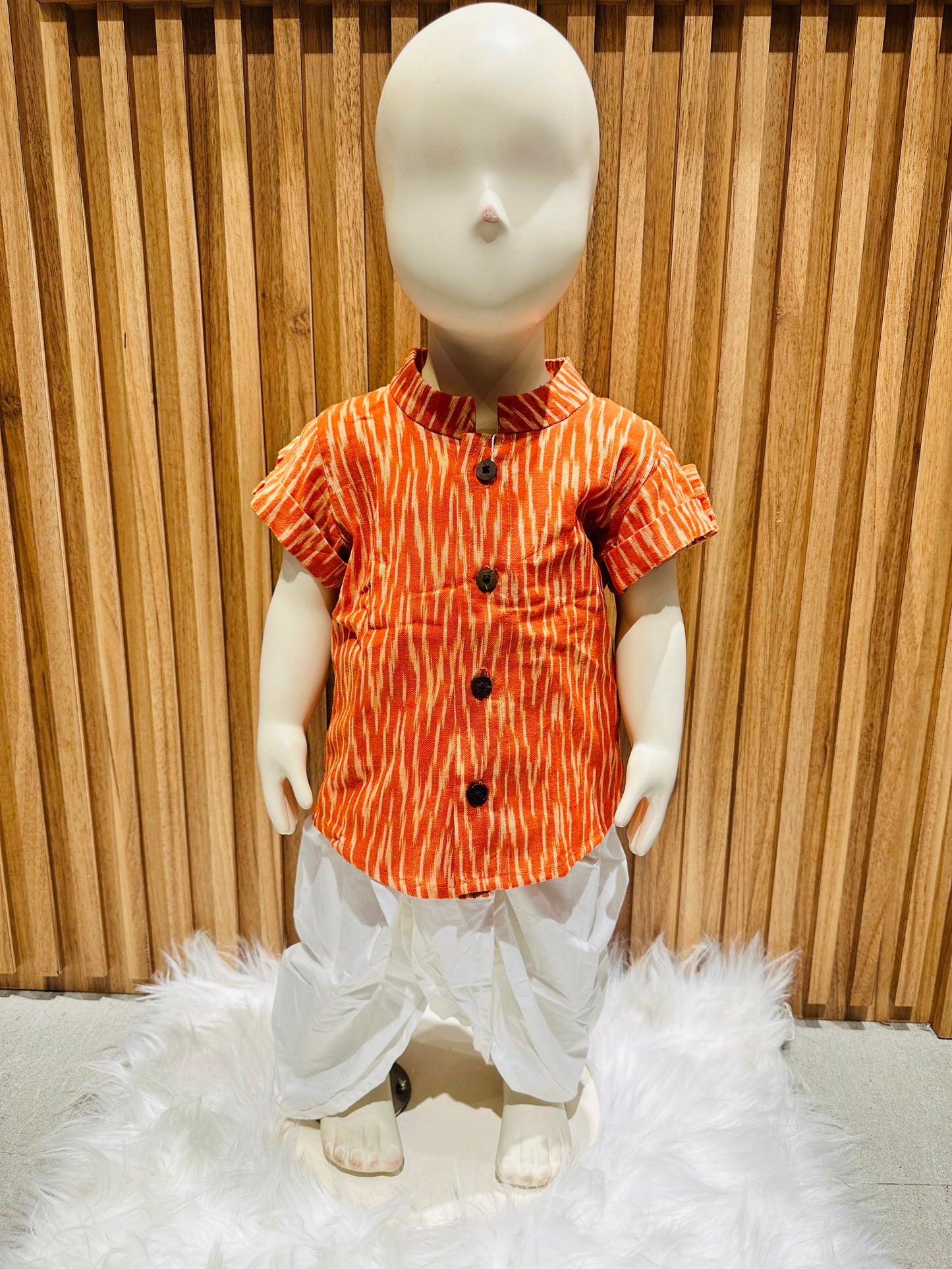 Orange Ikat Short Sleeve Kurta with Dhoti