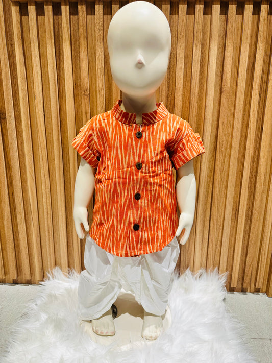 Orange Ikat Short Sleeve Kurta with Dhoti