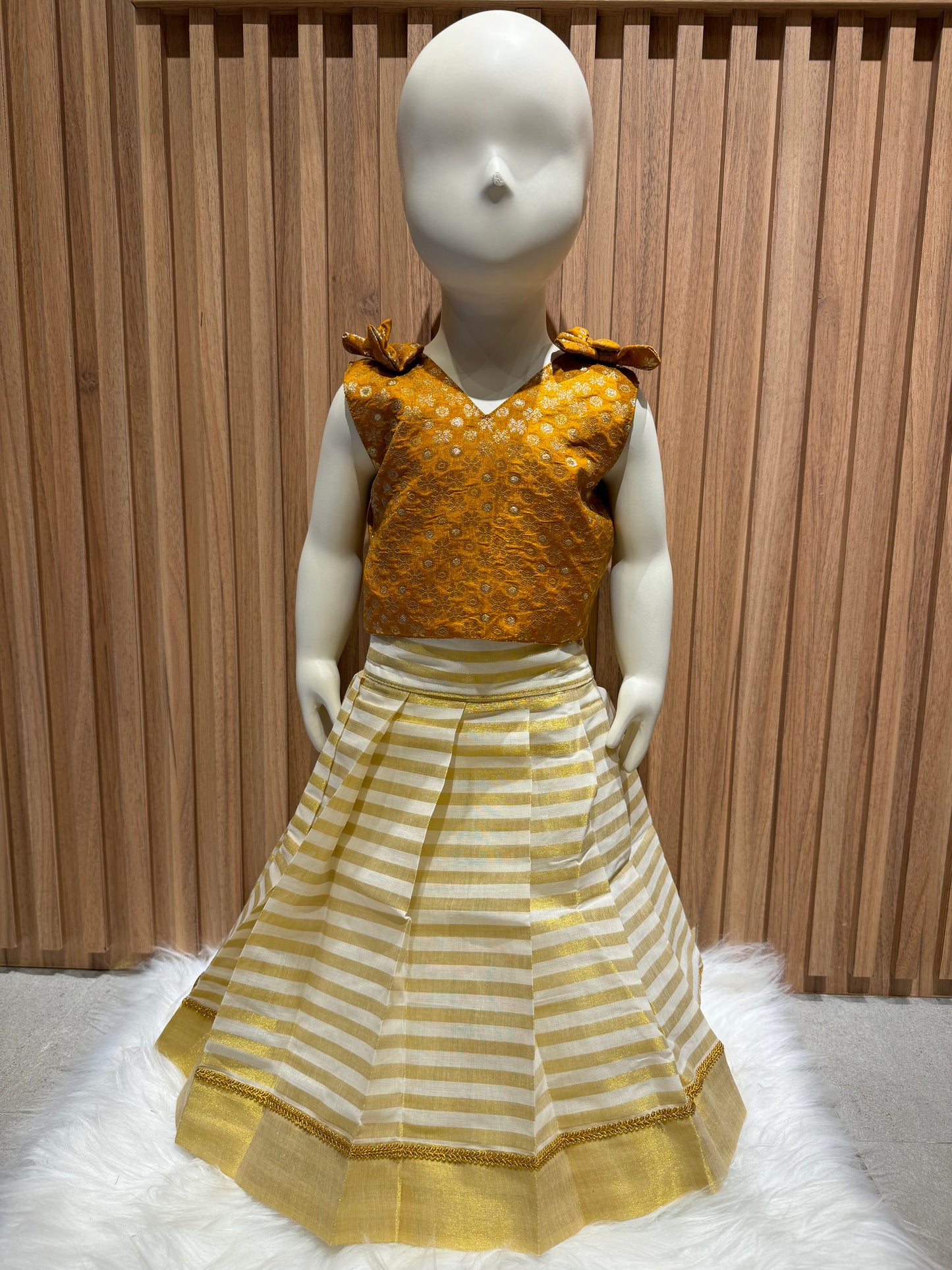 Golden Bow Top with Golden Striped Skirt