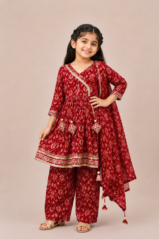 Fuchsia Ikat Gota Lace Angrakha Top with Straight Pants