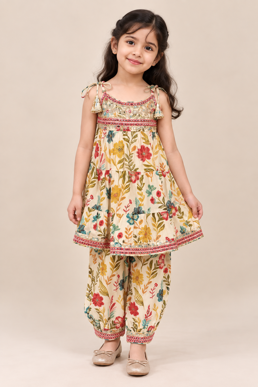 White Floral Tiered Spaghetti Top with Afghan Pants