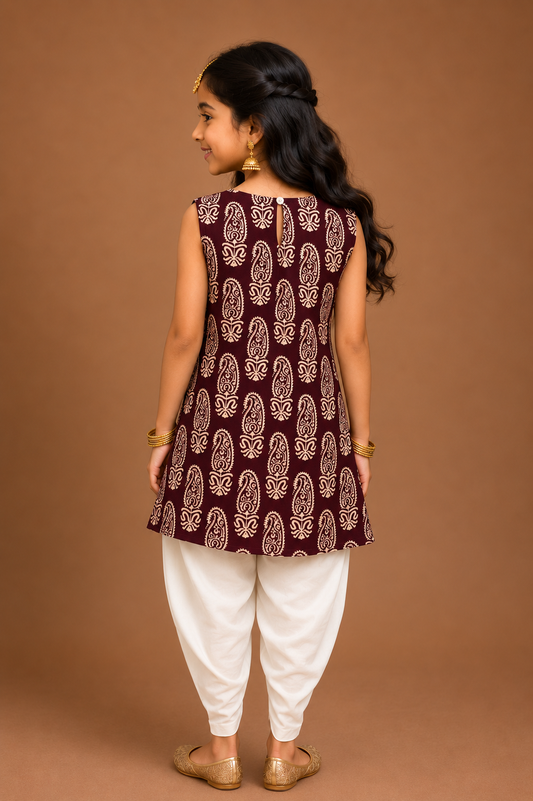 Purple Mughal Sleeveless Kurti with Tulip Pant Sibling Combo