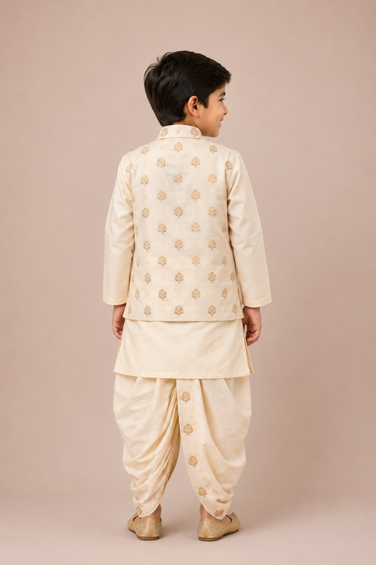 Cream Floral Nehru Jacket Kurta Dhoti Set