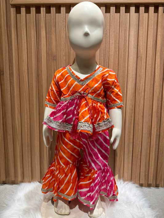 Pink and Orange Leheriya Printed Kurti with Sharara