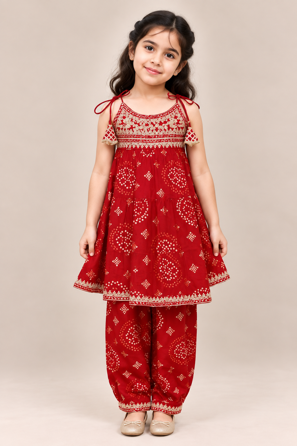 Red Kolam Tiered Spaghetti Top with Afghan Pants