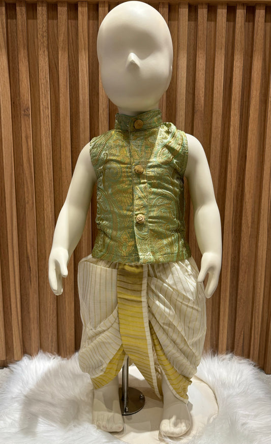 Green Brocade Kurta & Gold Dhoti