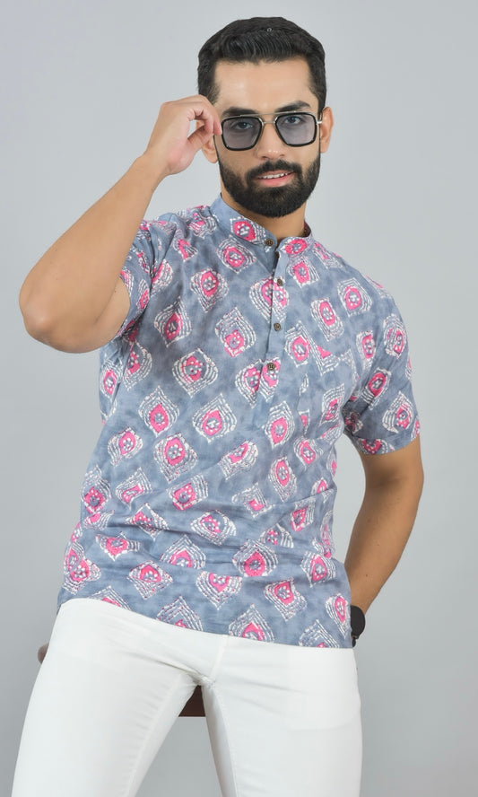 Grey Pink Leaf Half Short Kurta