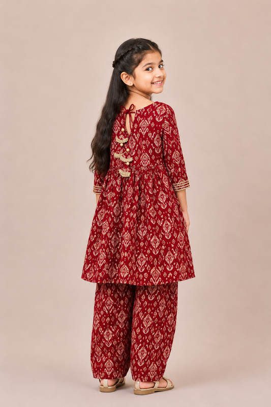 Fuchsia Ikat Gota Lace Angrakha Top with Straight Pants