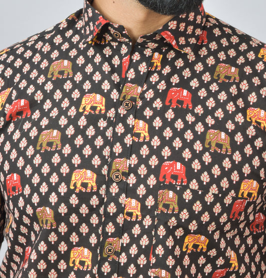 Temple Elephant on Black Printed Cotton Half Shirt