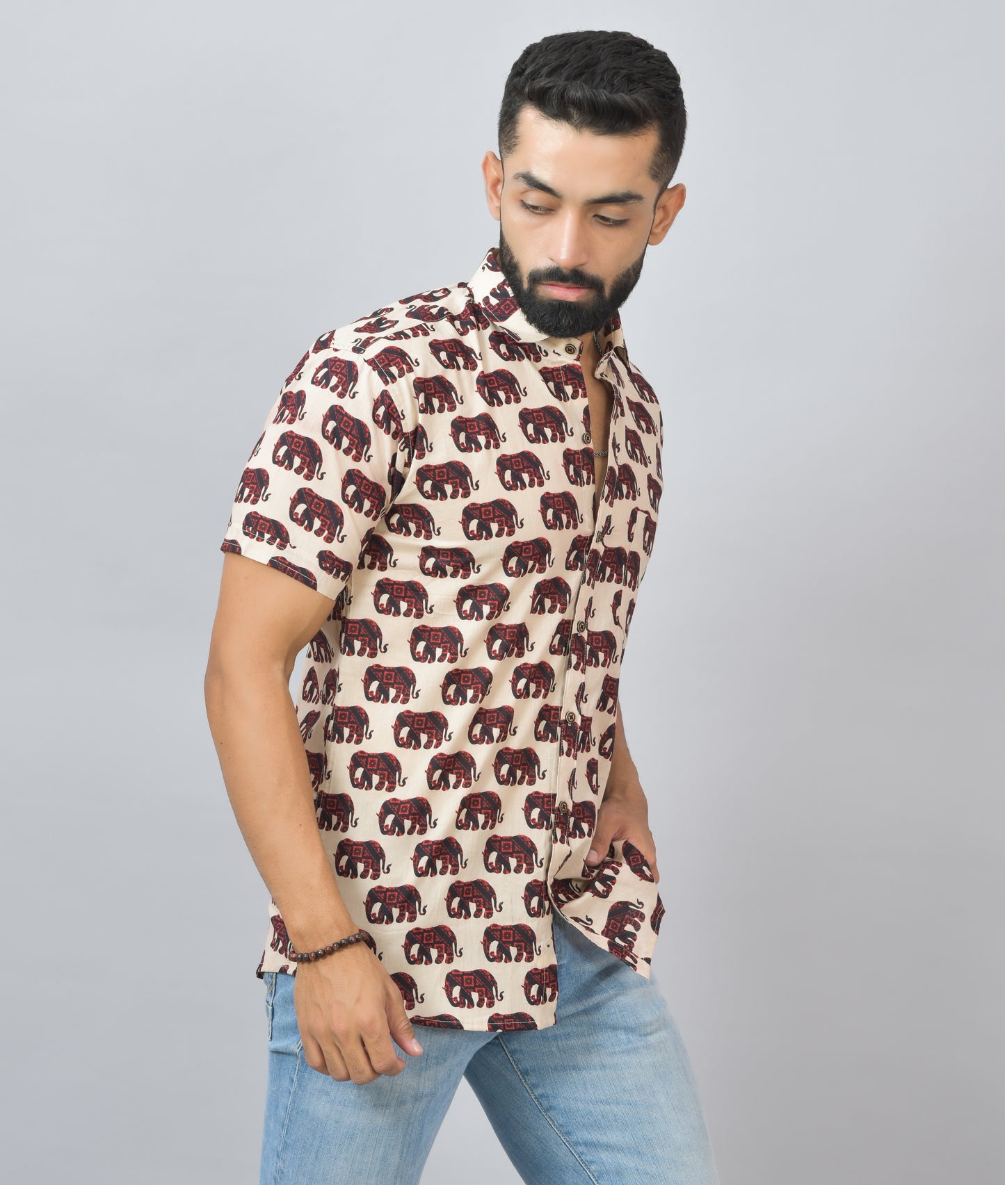 Maroon Elephant Cotton Printed Half Shirt