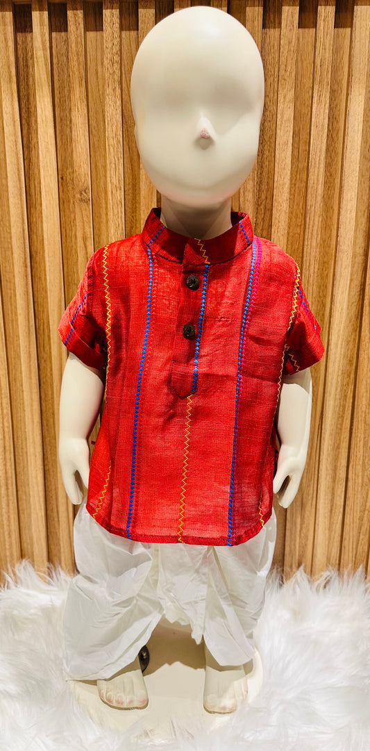 Crimson Red Short Sleeve Kurta with Dhoti