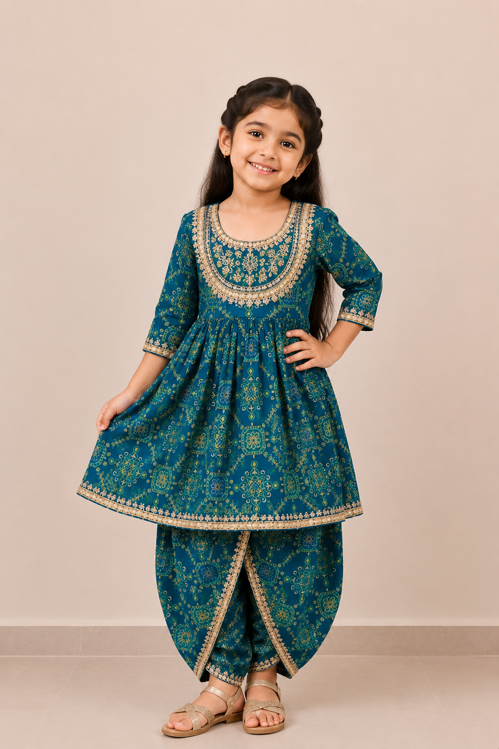 Teal Floral Gota Lace Top with Tulip Pants