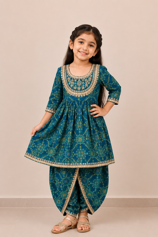 Teal Floral Gota Lace Top with Tulip Pants