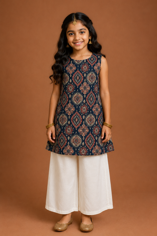 Blue Ajrakh Sleeveless Kurti with Plazzo Pant Sibling Combo