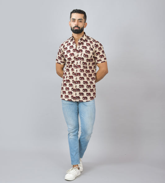 Maroon Elephant Cotton Printed Half Shirt