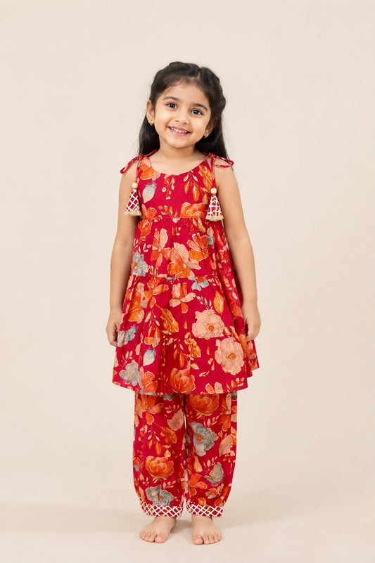 Crimson Floral Tiered Spaghetti Top with Afghan Pants