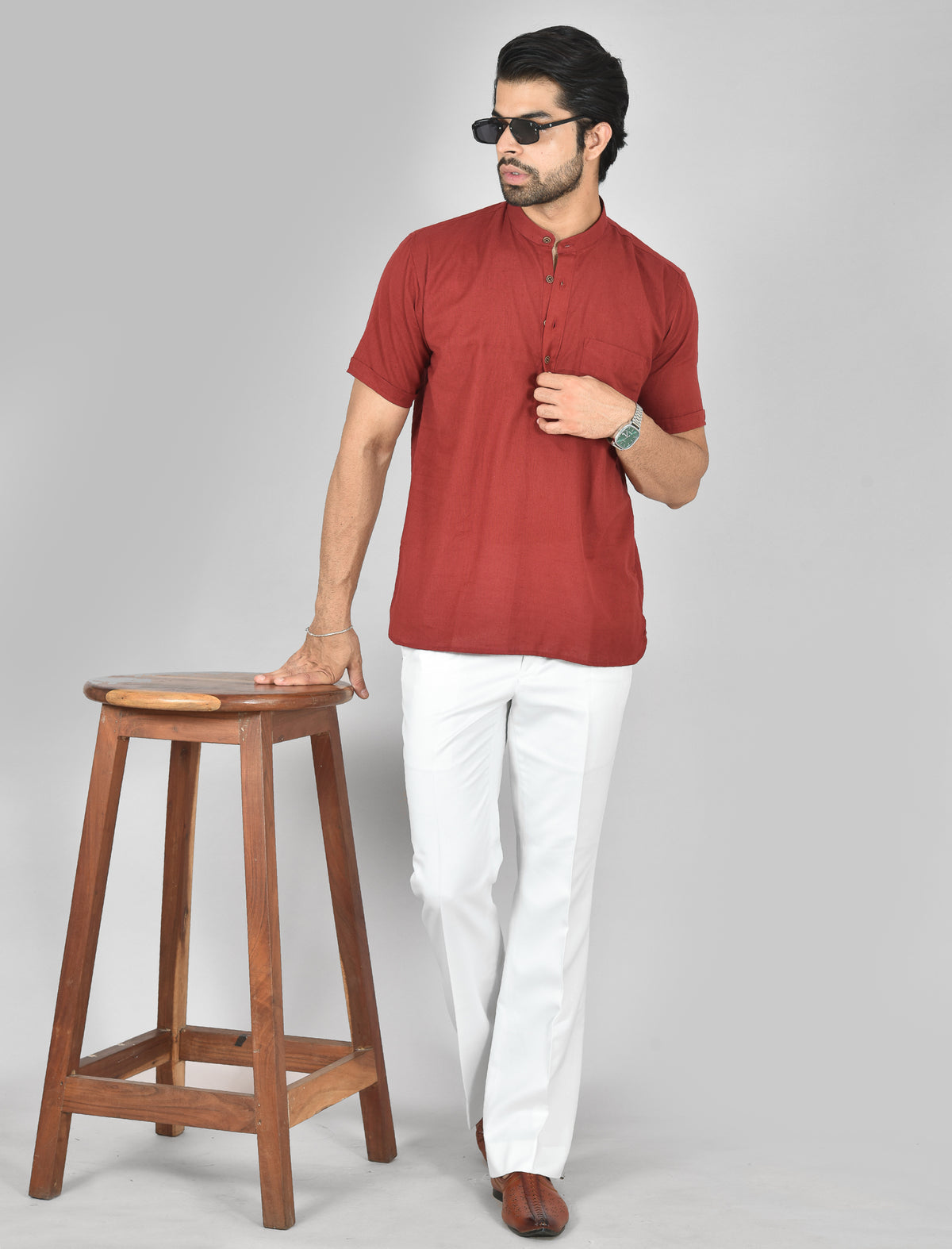 Maroon Plain Short Sleeves Kurta