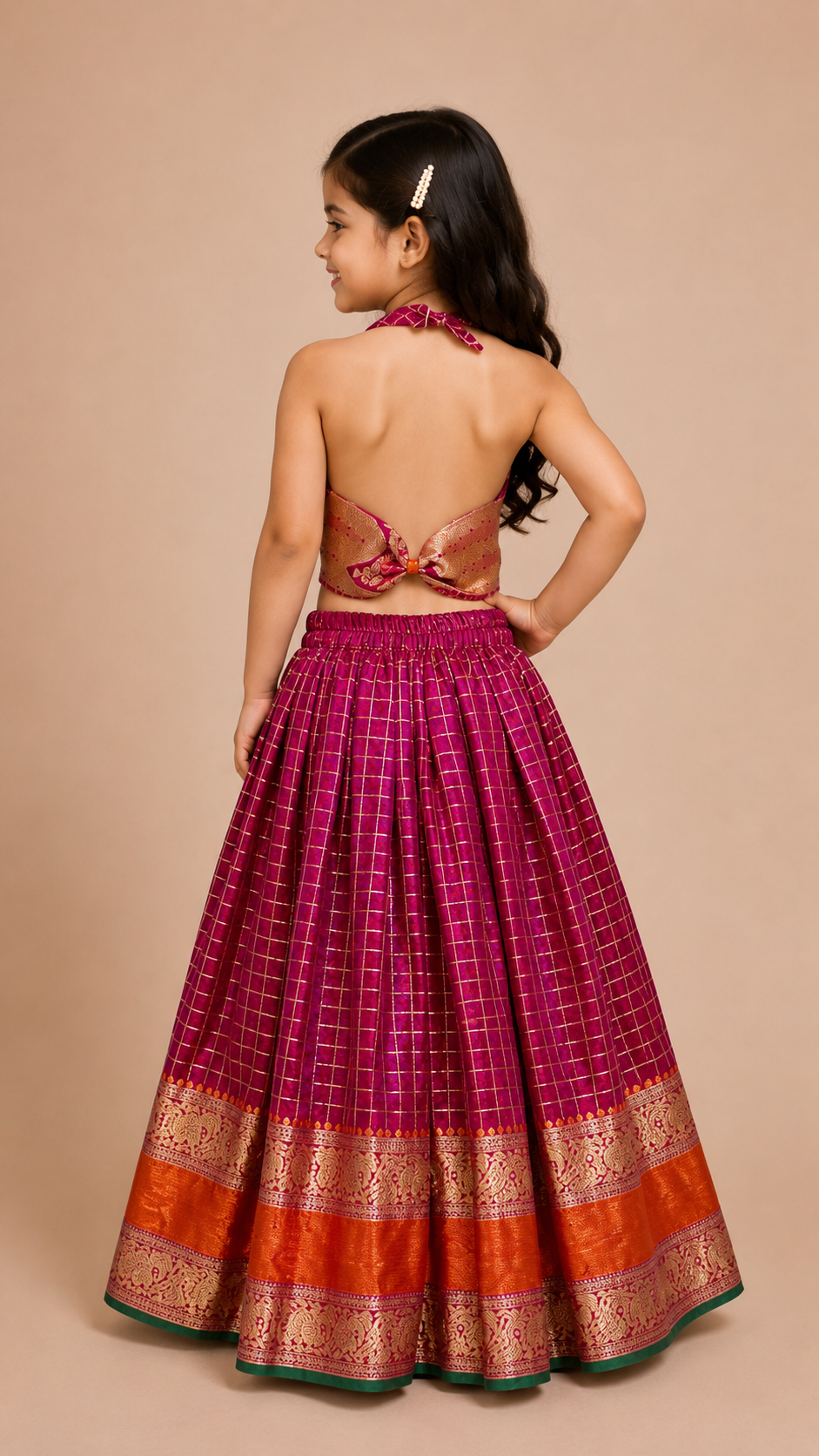 Magenta Checked Top with Elephant Zari Border Skirt