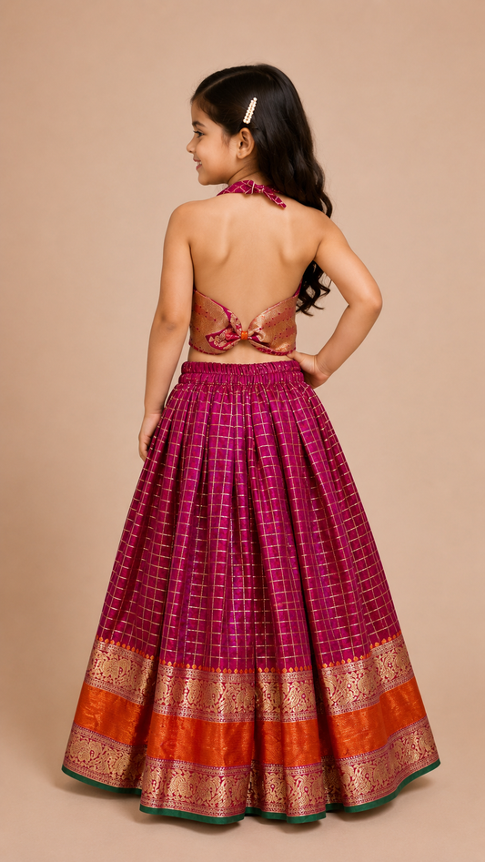 Magenta Checked Top with Elephant Zari Border Skirt