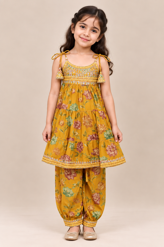 Yellow Floral Tiered Spaghetti Top with Afghan Pants