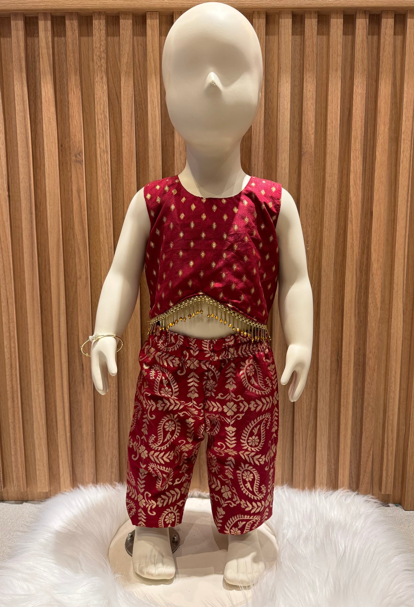 Red Sleeveless Top with Diamond Motifs and Matching Paisley and Floral Print Pant