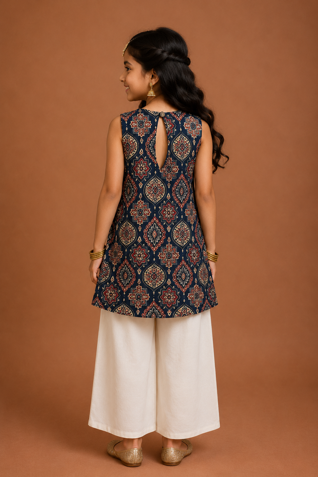 Blue Ajrakh Sleeveless Kurti with Plazzo Pant Sibling Combo