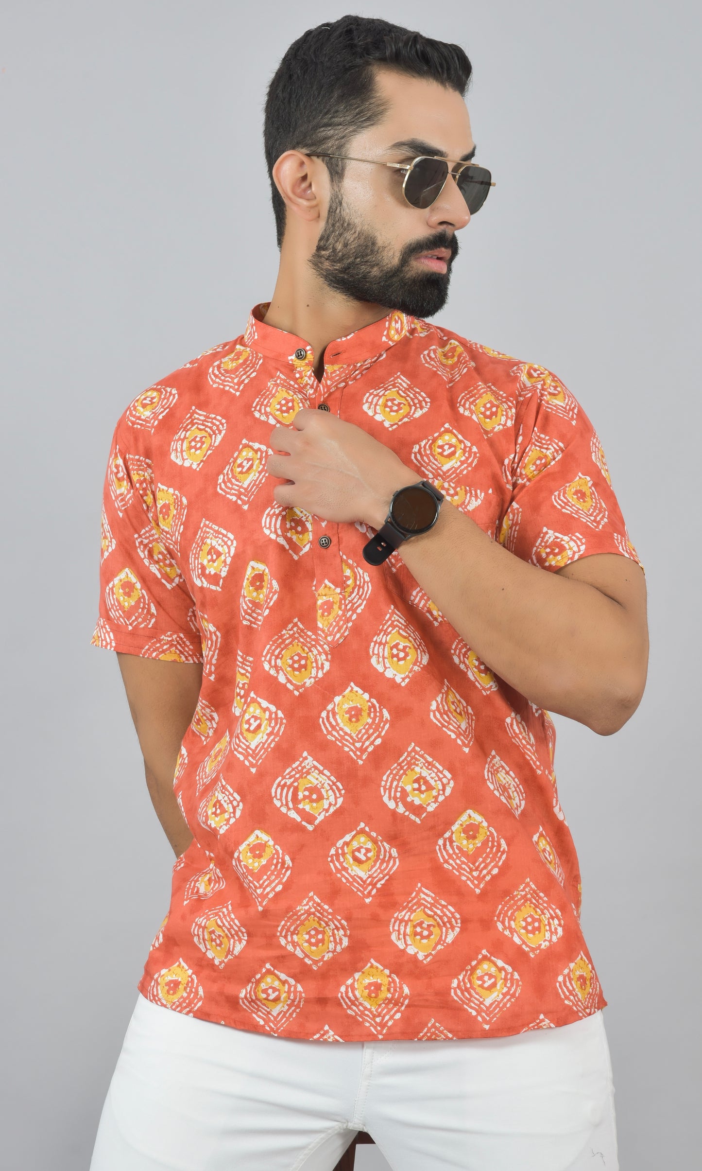 Rust Printed Half Short Kurta